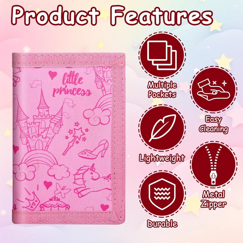 Sundee RFID Blocking Wallet,3 Packs Kids Wallet Bulk,Mini Trifold Coin Purse Cartoon Wallet,Front Pocket Wallet with Zipper for Kids,Canvas Outdoor Sports Wallets with Magic Sticker - Pink Rainbow - Image 5